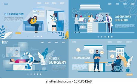 Modern Medical Healthcare Service Landing Page Set. Cartoon Doctors and Patients. Flu Preventive Vaccination, Laboratory Research, Robotic Surgery, Traumatology Department. Vector Flat Illustration