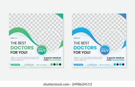 Modern medical healthcare social media post templates, ads promotion marketing square web banner designs for hospitals clinics doctors and health services, new editable bundle set with gradient colors