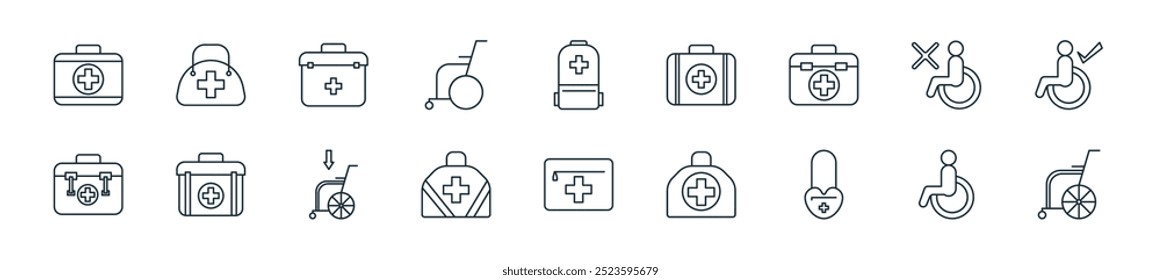 modern medical icon pack. perfect for linear ui designs featuring vector wheel chair, wheel chair, bag, bag, bag, wheel chair and more icons for mobile and web apps.