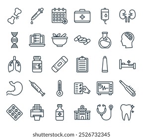 modern medical icon pack. perfect for linear ui designs featuring vector tooth, stethoscope, hospital, medicine, printer and more icons.