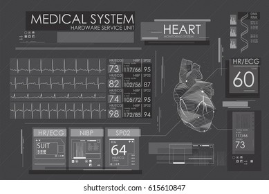 Modern medical interface for monitoring the scanning and analysis of heart disease.  Futuristic user interface. Abstract virtual graphic touch user interface for medical. HUD   for motion design