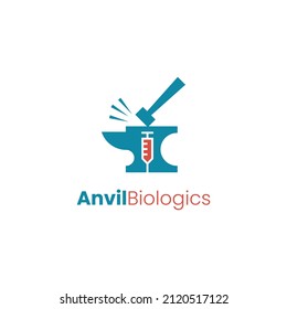 modern medical logo with anvil and syringe elements.