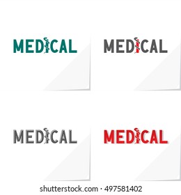 Modern Medical Logo Based on Snake Symbol and Authentic Lettering - Grey Turquoise Red Letters and Objects on White Natural Paper Effect Background - Flat Contrast Graphic Illustration