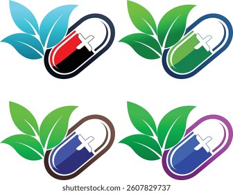 Modern medical logo combining capsule and leaf symbol. Suitable for herbal medicine, healthcare, organic pharmacy, natural supplement, doctor, clinic, or wellness branding