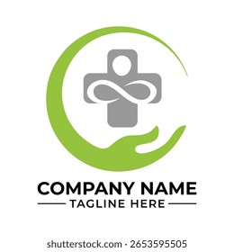 Design de logotipo médico moderno com mão e símbolo de adição para o projeto de desenvolvimento de identidade da marca e marca da empresa de cuidados de saúde