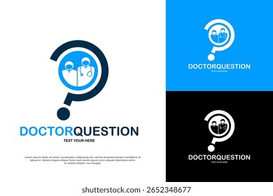Modern medical logo with doctor silhouettes inside a question mark, ideal for healthcare brands.