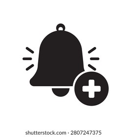 Modern medical notification icon featuring a ringing bell with a healthcare cross symbol. Perfect for health alerts, medication reminders, patient notifications, emergency updates, hospital apps, telemedicine, healthcare management and medical service concepts.