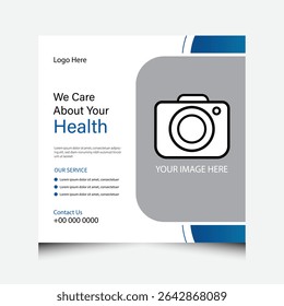 modern medical poster template with blue and grey layout and health care message