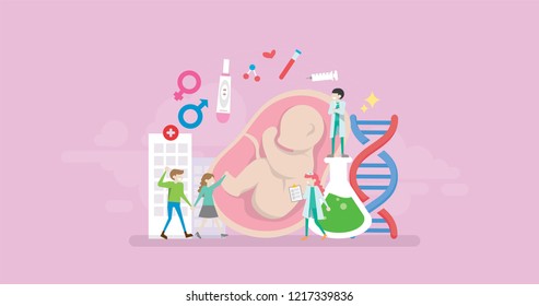 Modern Medical Pregnancy Fertility Clinic Tiny People Character Concept Vector Illustration, Suitable For Wallpaper, Banner, Background, Card, Book Illustration, And Web Landing Page