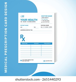 Modelo moderno de almofada de prescrição médica com um tema limpo azul-e-branco. Formato vetorial de tamanho A5 totalmente editável com texto de espaço reservado para detalhes do paciente, informações do médico e notas de prescrição.