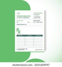 Modelo de almofada de prescrição médica moderna com um tema verde e branco limpo. Formato vetorial de tamanho A5 totalmente editável com texto de espaço reservado para detalhes do paciente, informações médicas e notas de prescrição
