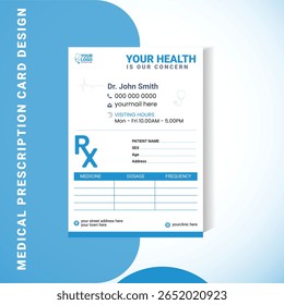 Modelo moderno de almofada de prescrição médica com um tema limpo azul-e-branco. Formato vetorial de tamanho A5 totalmente editável com texto de espaço reservado para detalhes do paciente, informações do médico e notas de prescrição.