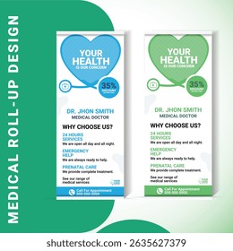 Modern medical roll-up banner template featuring a heart-shaped stethoscope, doctor appointment highlights, and editable sections for clinic or hospital branding. Ideal for healthcare events.