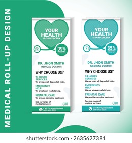 Modern medical roll-up banner template featuring a heart-shaped stethoscope, doctor appointment highlights, and editable sections for clinic or hospital branding. Ideal for healthcare events.