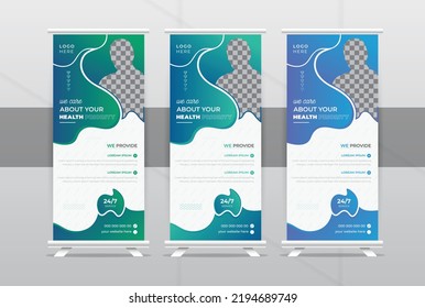 Modern medical rollup or X banner design template. Elegant healthcare rollup banner Vertical Flag creative concept design for print advertising, background, 3 color variation