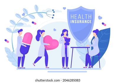 Modern medical shield health insurance policy, tiny people character together hold medical drug flat vector illustration, isolated on white.