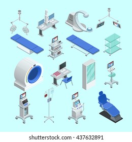 Modern medical surgery and examination rooms equipment with scanner  monitor and operation table abstract isolated vector illustration