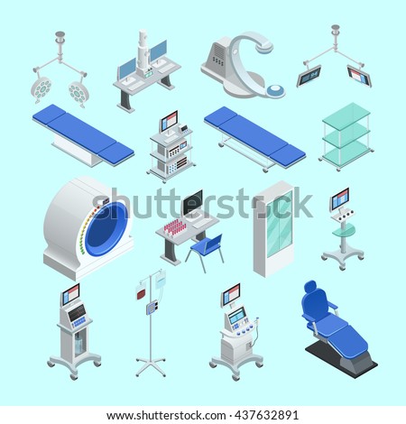 Modern medical surgery and examination rooms equipment with scanner  monitor and operation table abstract isolated vector illustration