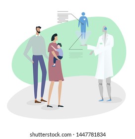 Modern Medical Technologies. Family Doctor With Parents Child. Healthcare Patient. Vector Illustration.