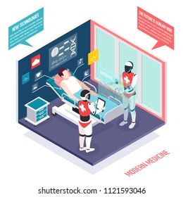 Modern medical technologies in health care isometric composition with two nanorobots preparing patient for surgery vector illustration 