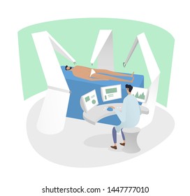 Modern medical technologies. Innovative medicine. Robotic surgery.  Healthcare patient with the doctor. Vector illustration.