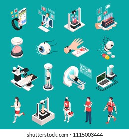 Modern Medical Technology Isometric Icons Set With Organs 3d Printing Transplantation Nanorobots Electronic Devices Isolated Vector Illustration 