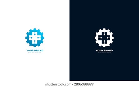 Modern medical technology logo featuring a healthcare cross integrated with a gear and digital circuit elements. Perfect for hospitals, clinics, pharmacies, healthcare technology companies, medical engineering firms, laboratories, biotechnology businesses, medical equipment brands, diagnostics, and corporate identity projects. Clean minimalist flat vector logo suitable for branding, websites, mobile applications, business cards, and marketing materials.