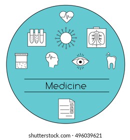 Modern medicine concept vector illustration. Medical line icons, symbols of human eye, heart, head. Design elements for web pages, brochures, flyers, covers and etc