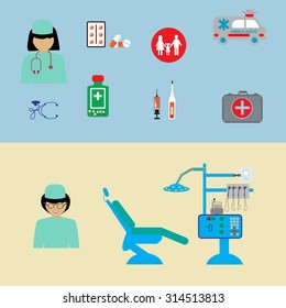 Modern medicine, doctor and medical equipment flat illustration, flat icons set. 