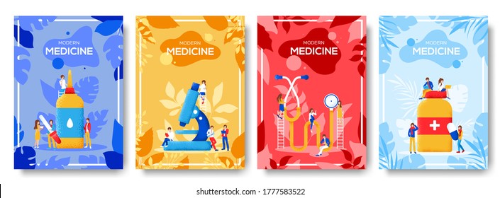 Modern medicine flyer, magazines, poster, book cover, banners. Grain texture and noise effect. People character with items around medicines concept background. 