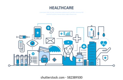 Modern medicine and the health care system, the doctor and special tools, the atmosphere and equipment. Illustration thin line design of vector doodles, infographics elements.