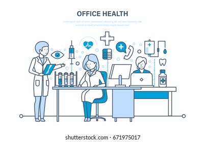 Modern medicine and healthcare system, office health, working atmosphere, health of employees, consultation, meeting of doctors. Illustration thin line design of vector doodles, infographics elements.