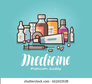 Modern medicine, pharmacy banner. Medication, pills, bottles, pharmaceutics concept. Cartoon vector illustration