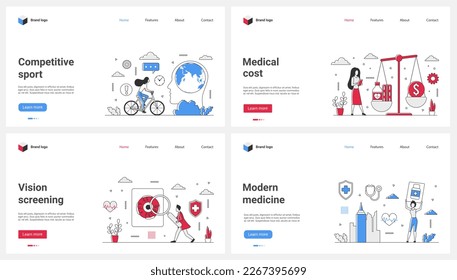 Modern medicine, sport and insurance, diagnosis set vector illustration. Cartoon tiny people measure cost of medical service and price on balance scales, vision checkup by doctor with magnifying glass