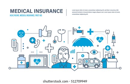 Modern medicine and technology, medical care, healthcare and medical insurance, protect and guarantee safety patients, first aid, ambulance. Illustration of vector doodles, infographics elements.