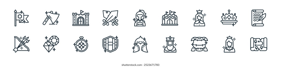 modern medieval era icon pack. perfect for linear ui designs featuring vector map, princess, armor, king, helmet, shield, compass and more icons for mobile and web apps.