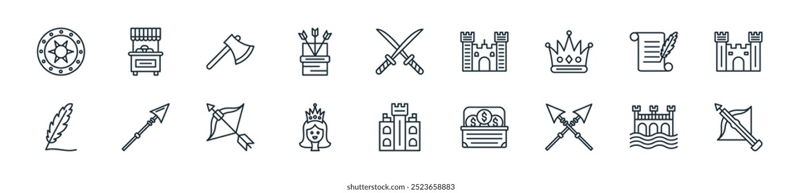 Icono medieval moderno perfecto para diseños lineales de UI con ballesta de Vector, puente de agua, lanza, tesoro, torre del castillo, princesa, arco y flecha y más iconos para App móviles y de Web.