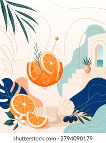 Modern Mediterranean summer vector illustration featuring a refreshing citrus cocktail, orange slices, coastal architecture, sea view and elegant copy space. Stylish travel, hospitality and vacation design in contemporary flat vector style.