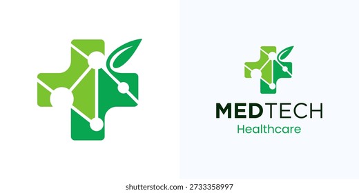 Modern medtech, medical plus with leaf and interconnected node line or point concept, Logo icon design vector illustration, Symbol cross with molecule for future healthcare and brand identity business