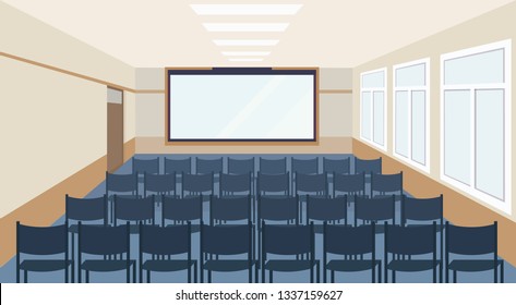 modern meeting conference presentation room interior with blue chairs and blank screen lecture seminar hall large sitting capacity empty no people horizontal