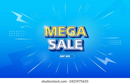 Modern Mega sale banner composition. Mega sale banner promotion template. Special deal label design blue background.