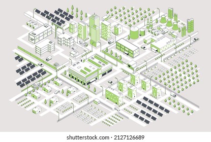 Modern megapolis concept. Template, city with lots of buildings. Environmental protection and environmental protection, responsibility for future, waste reduction. Cartoon vector illustration