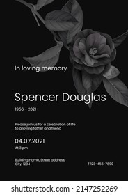 Modern memorial and funeral invitation card template design, dark grey decorated with semi-double Camellia flower and leaves