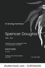 Modern memorial and funeral invitation card template design, dark green decorated with eucalyptus leaves