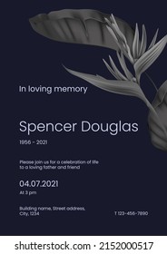 Modern memorial and funeral invitation card template design, dark blue decorated with heliconia rostrata flower and leaves