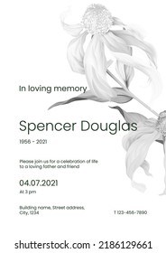 Modern memorial and funeral invitation card template design, white decorated with cutleaf coneflower