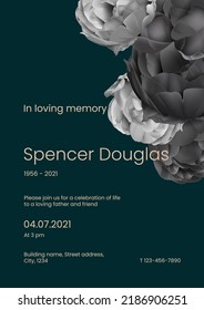 Modern memorial and funeral invitation card template design, dark green decorated with roses