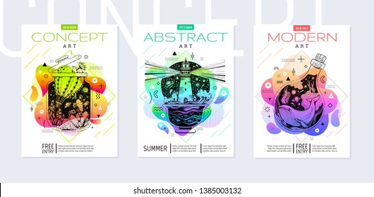 Modern Memphis art poster set. Geometric exhibition artwork & futuristic elements. Sea whale bottle, cactus balloon, lighthouse coffee cup. Hipster style brochure vector illustration isolated on white