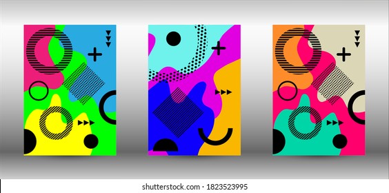 Modern memphis background set covers, great design for any purposes. Colorful trendy illustration.  Colorful geometric background design. Creative vector banner illustration.