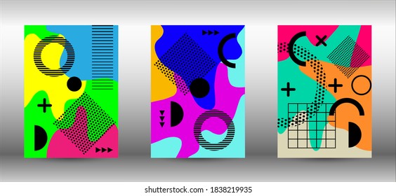 Modern memphis background set covers, great design for any purposes. Trendy abstract vector illustration. Colorful geometric background design. Creative vector banner illustration.